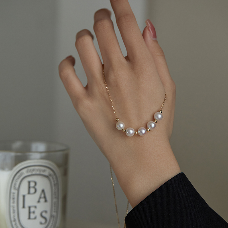 akoya天然海水珍珠项链强光正圆18K金颈链锁骨链送女朋友老婆礼物