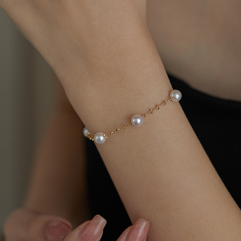 akoya天然海水珍珠手链强光正圆可调节18k金手饰送女朋友老婆礼物