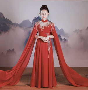 高端新款儿童演出服民乐弹古筝表演服大童中国风女童古装礼服红色