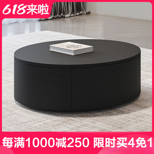 现代简约黑色极简圆形q双抽屉小户型家用客厅茶几实木多层茶几桌