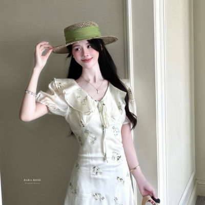 正品 DARA ROSE 夏季法式优雅白绿印花连衣裙S9475