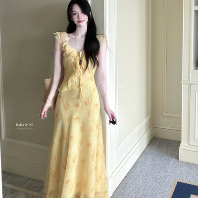 正品 DARA ROSE 甜美碎花海边度假风蕾丝荷叶边长款连衣裙 9598