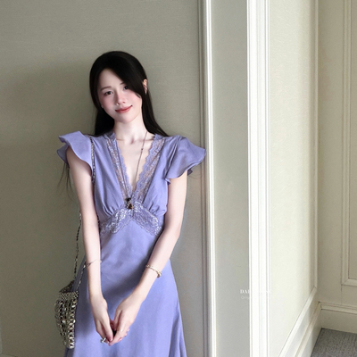 正品 DARA ROSE 夏季法式V领温柔气质修身薄款连衣裙S9548