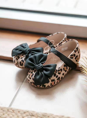 NJ童品 韩国bs蝴蝶结豹纹款魔术贴女童公主宝宝单鞋子春秋季BB329
