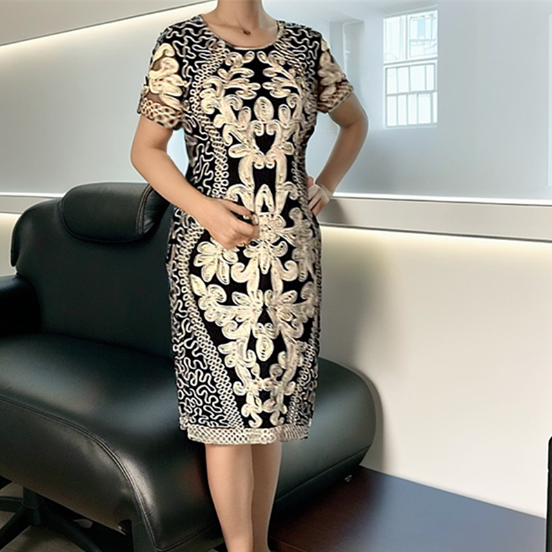 大码妈妈气质连衣裙宴会胖子礼服裙短袖中年女装裙子生日平时可穿