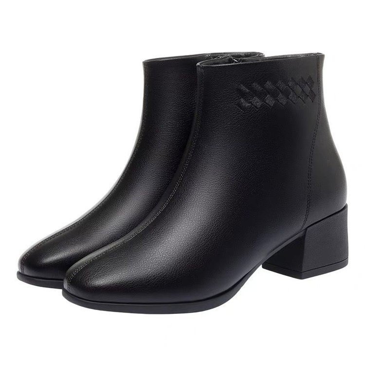 真软皮秋冬加绒粗跟方头马丁靴黑色工作鞋皮鞋上班短靴女靴女靴子