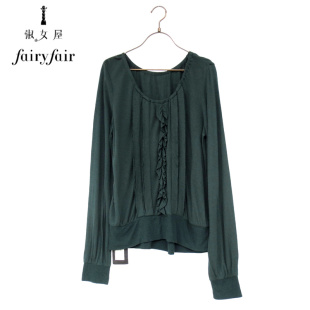 春秋款 FAIRYFAIR 专柜 军绿色荷叶边圆领套头长袖针织衫女