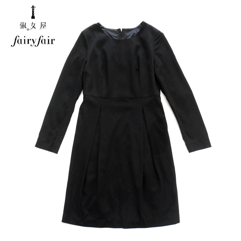 FAIRYFIAR正品春秋季高贵冷艳黑色修身显瘦口袋圆领长袖连衣裙