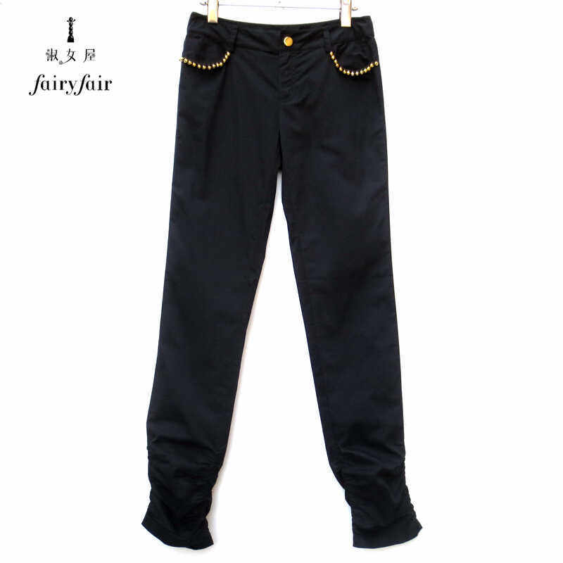 春夏季淑女屋正品低腰褶皱脚口金珠口袋修身商务舒适全棉女休闲裤