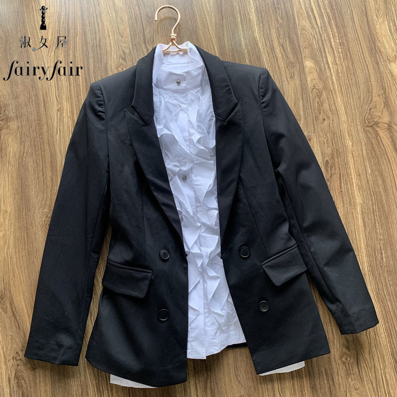 FAIRYFAIR正品纯色外套口袋通勤春秋装饰双排扣修身长袖女士西装