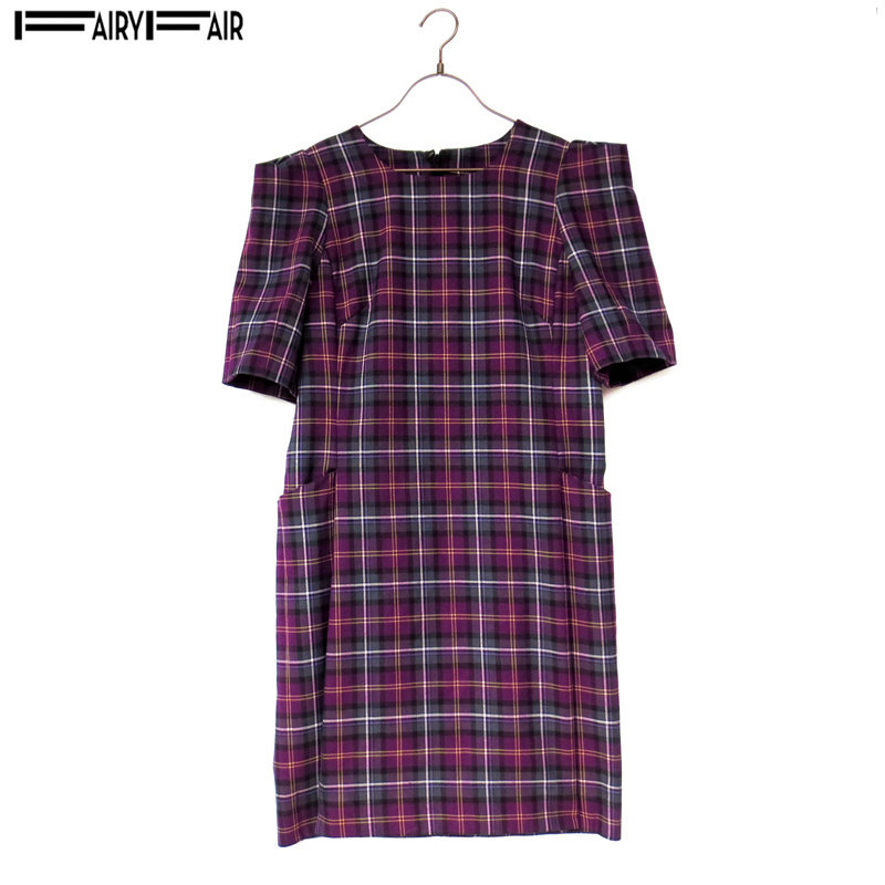 FAIRYFAIR正品 春秋季紫灰格子口袋羊毛呢子优雅短袖修身连衣裙