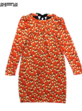 FAIRYFAIR正品夏款优雅高档桑蚕丝橙色樱桃小花长袖真丝连衣裙