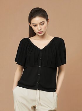 淑女屋纯棉蝙蝠V领线衣夏季外搭