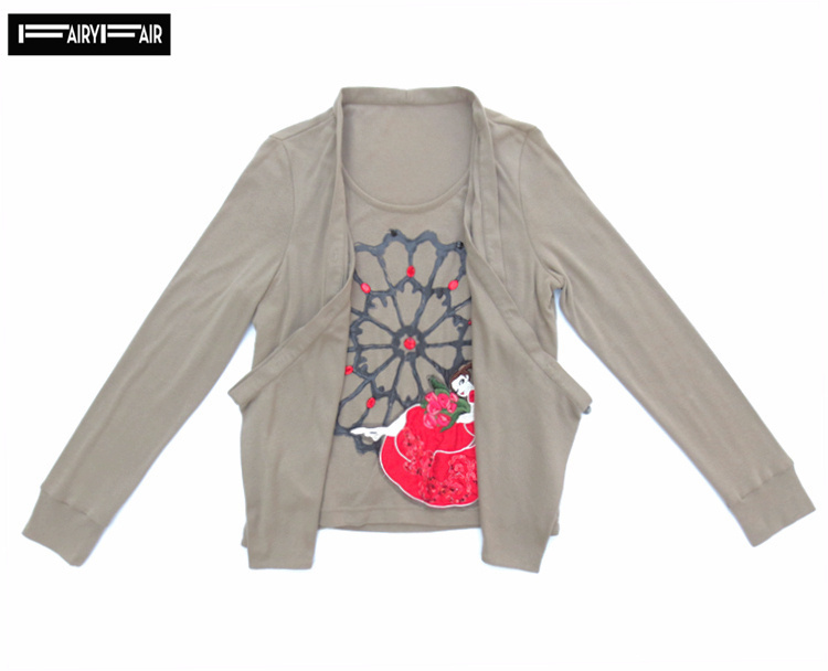 假两件式全棉女通勤长袖亮片绣花