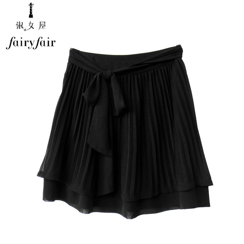 夏款 FAIRYFAIR专柜正品黑色绑带优雅百褶半身裙纯色轻熟雪纺单裙