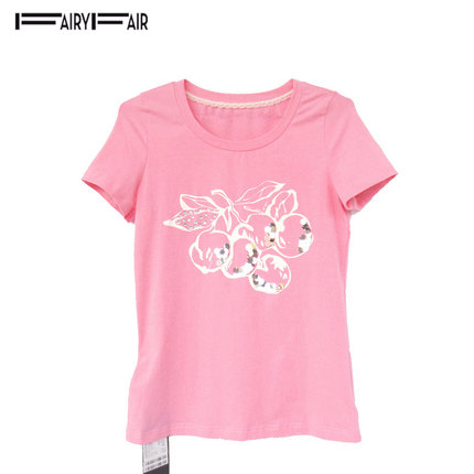 夏装 FAIRYFAIR 专柜正品 浅粉色亮片烫钻甜美淑女短袖T恤衫女式