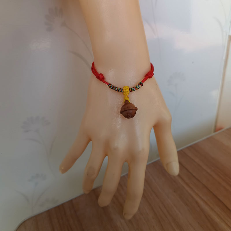 纯天然真桃木皮蜡绳红绳手链女铃小众木作