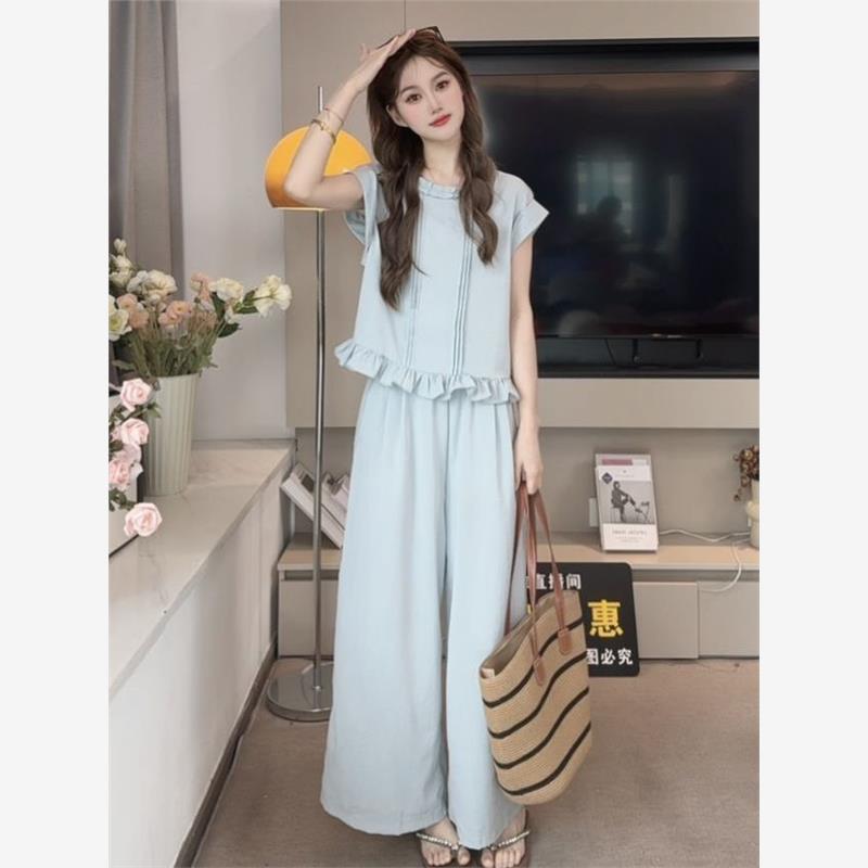 夏季清凉/超舒服 显瘦套装#3141夏季减龄木耳边上衣女搭配阔腿裤