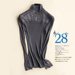 日单女士真丝蕾丝拼接修身 无缝高弹力螺纹桑蚕丝上衣 半高领打底衫