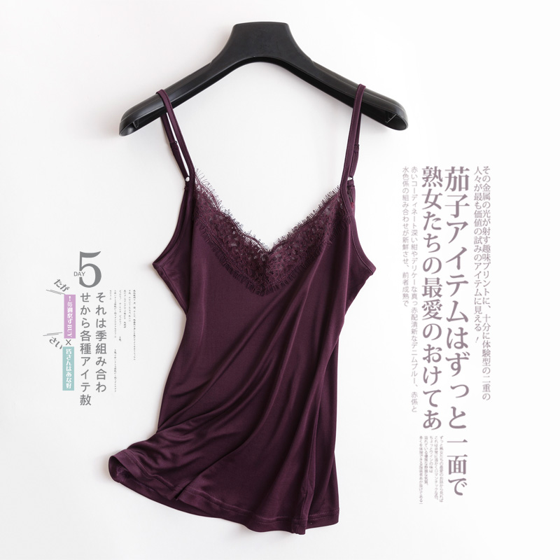 春夏V领花边真丝吊带背心短款打底内搭女宽松大码桑蚕丝打底衫