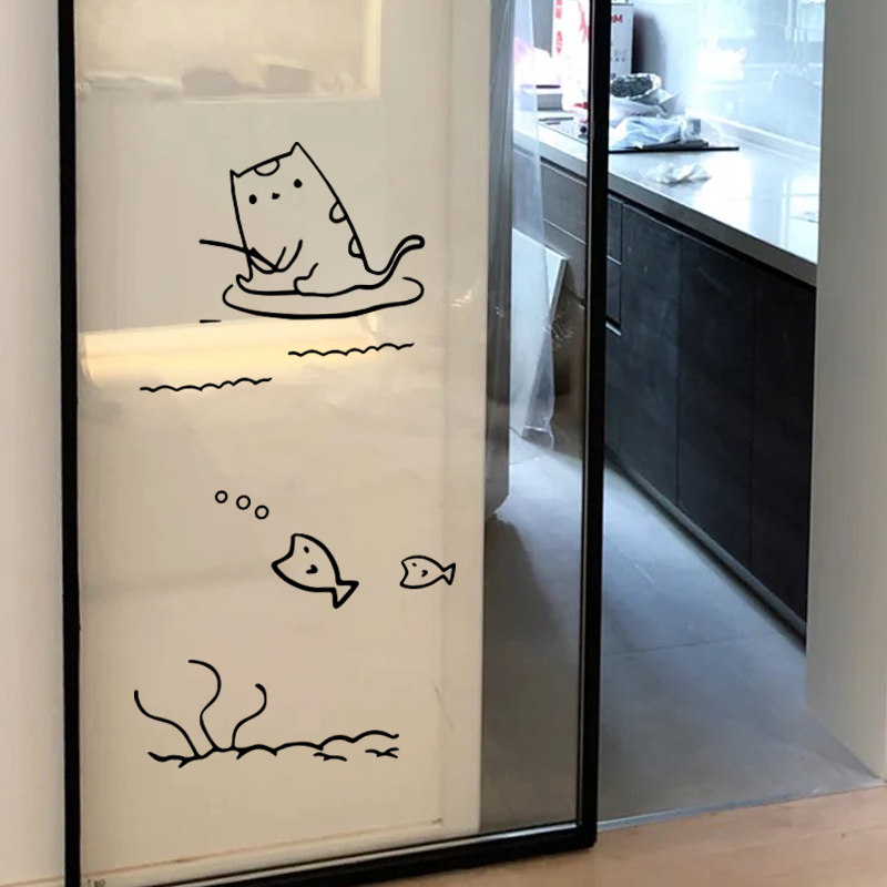 可爱小猫钓鱼厨房玻璃移门防撞贴纸 猫咖店门防踢创意图案墙贴