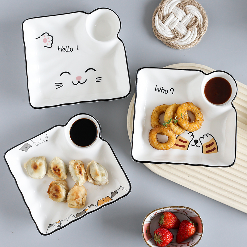 可爱陶瓷带醋碟饺子盘