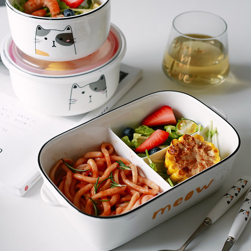 陶瓷分格饭盒可爱卡通便当保鲜碗