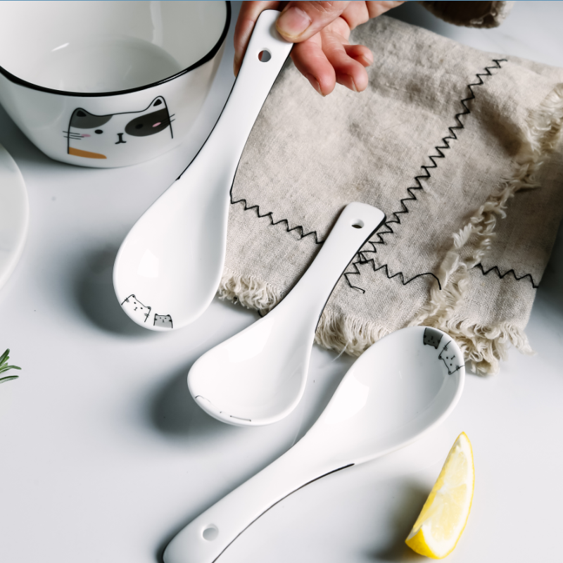 zakka面碗餐厅喝汤猫咪陶瓷勺子