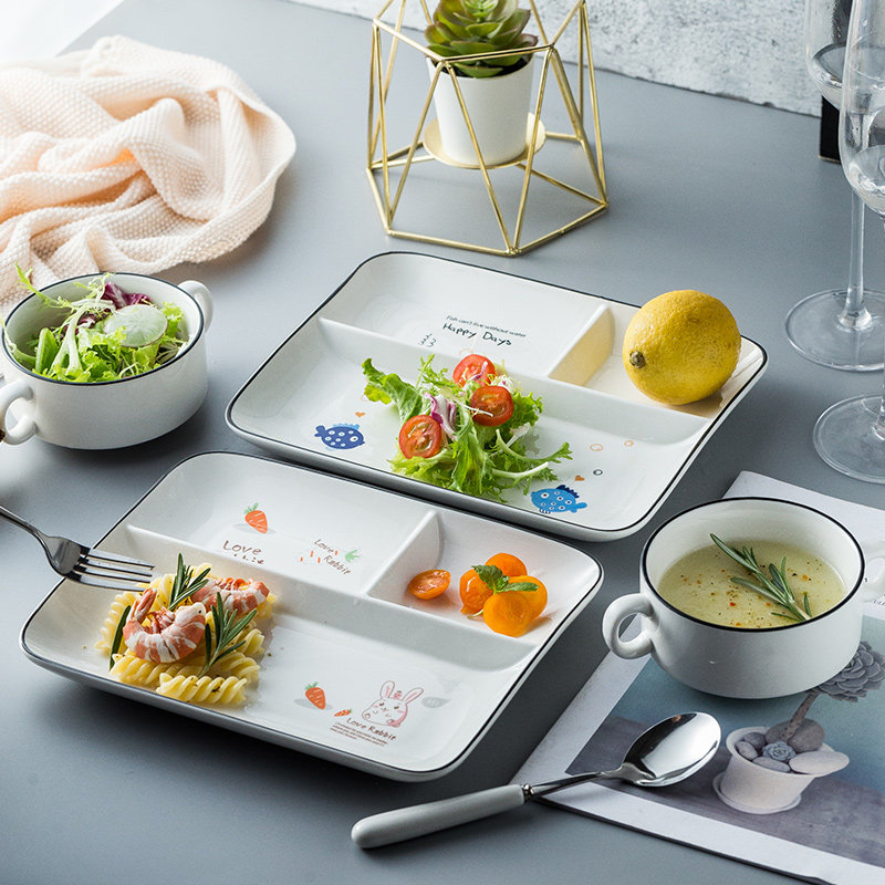 分格餐盘陶瓷长方形健身减脂卡通