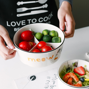 陶瓷分隔饭盒便当盒卡通猫咪大容量家用分隔餐盒一人用密封保鲜碗