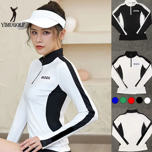 立领拉链速干撞色修身 长袖 显瘦golf球衣弹力 春秋季 高尔夫衣服女装