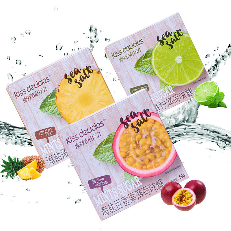 海亿醇然心动海盐青柠百香果薄荷味糖50g清新口气无糖薄荷糖零食