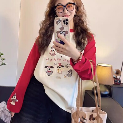 刺绣纯棉插肩长袖打底T恤韩版秋