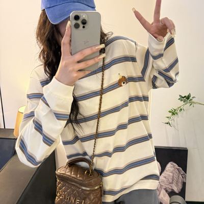 条纹纯棉圆领长袖打底T恤韩版