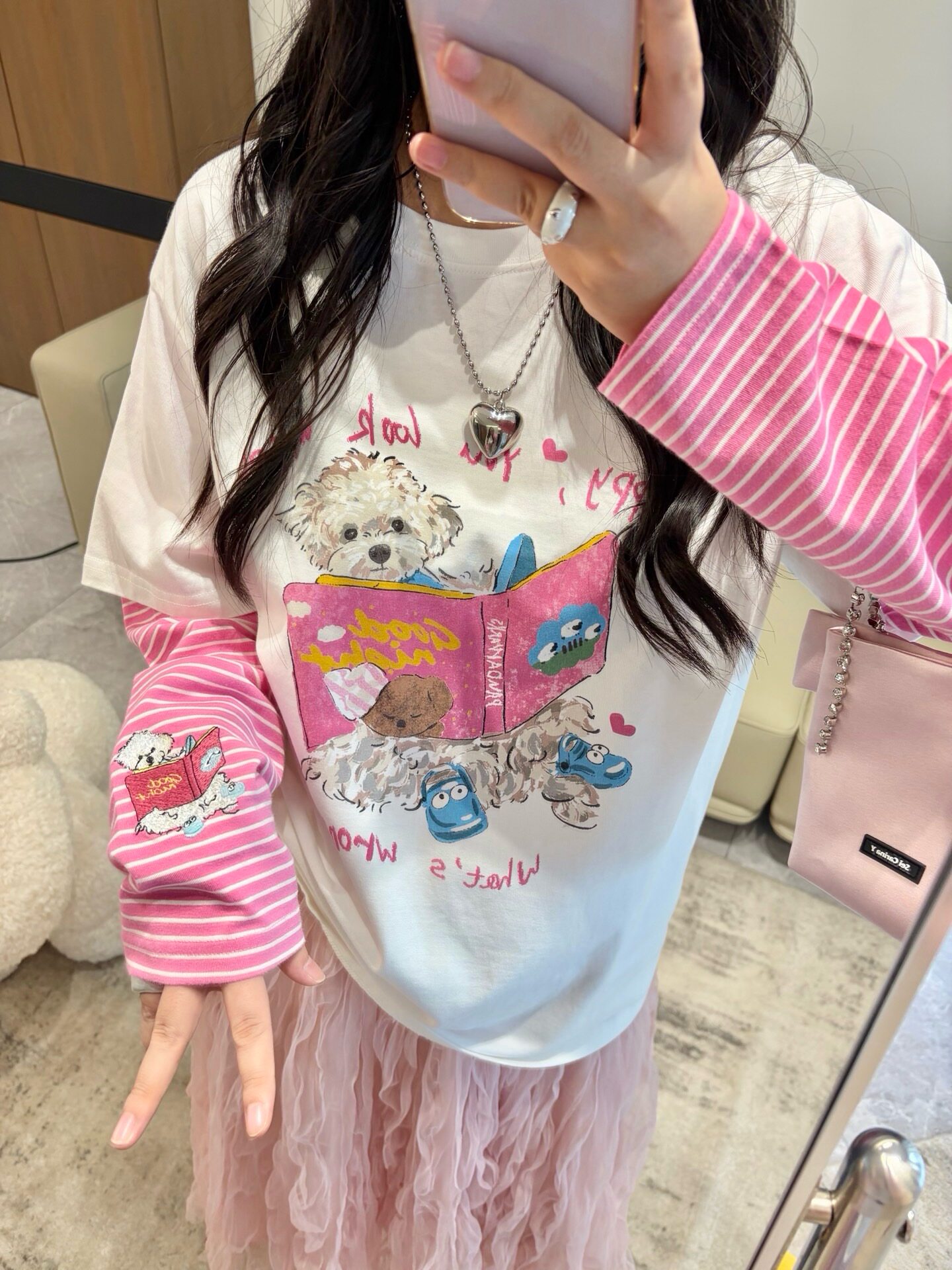 Pandawarks熊猫纸袋26311读书小狗印花纯棉圆领假两件长袖T宽松秋