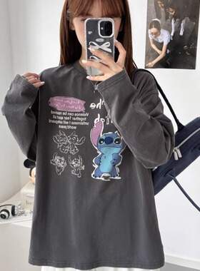 歆和纸袋09059文艺史家纯棉砂洗宽松刺绣长袖T恤卡通时尚减龄春秋