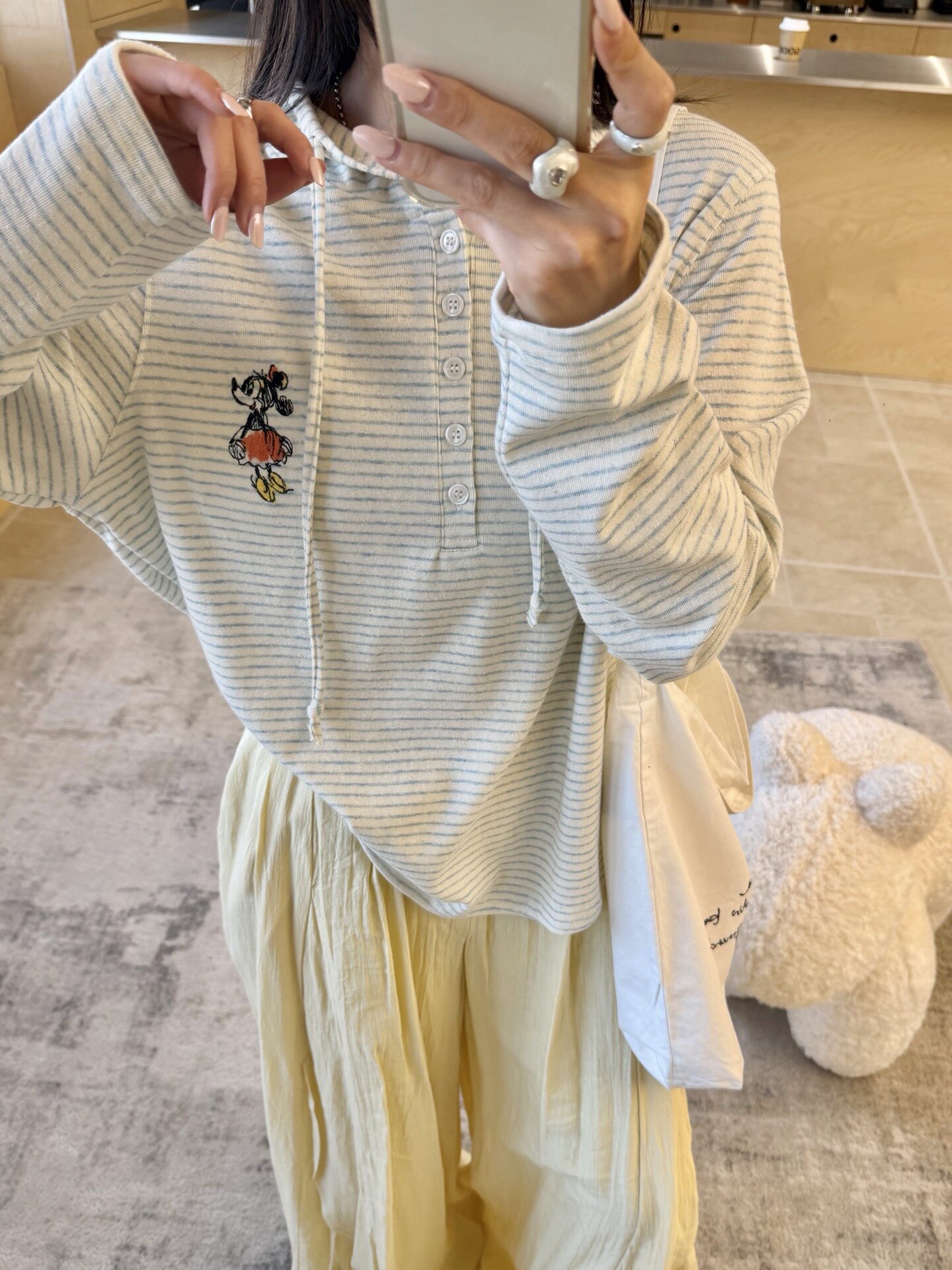 Pandawarks熊猫纸袋26345条纹毛线米奇刺绣纯棉连帽打底T恤宽松秋