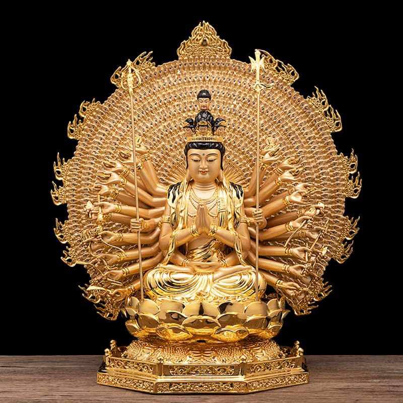 纯铜贴金千手观音佛像公司家用千手千眼观音菩萨佛堂送礼品摆件