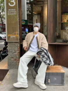 加绒拼接设计黑灰卫裤/Temporary Exile秋冬经典百搭直筒休闲长裤