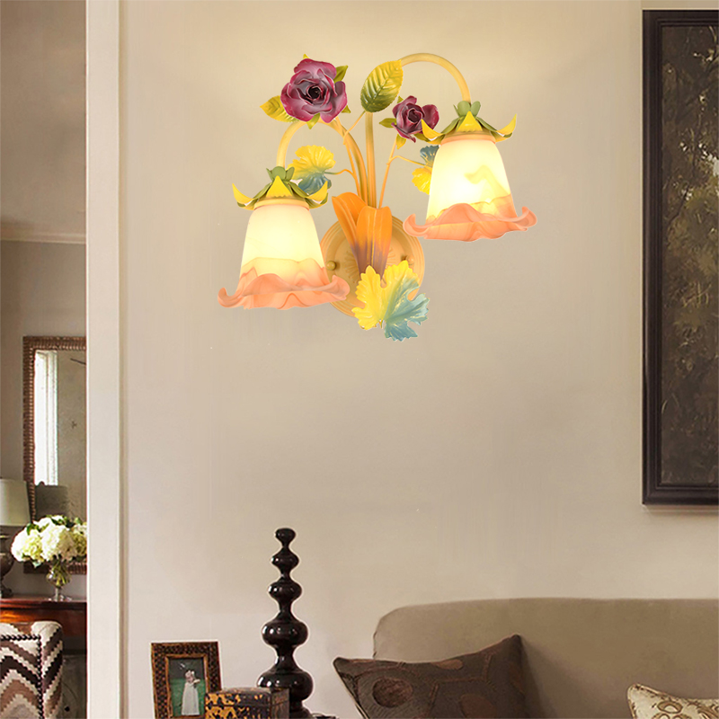 欧式铁艺红玫瑰花玻璃灯罩简约客厅背景灯书房阳台卧室床头壁挂灯