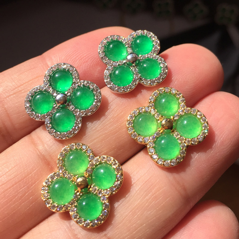 四叶草镀金天然玉石大耳钉翡翠