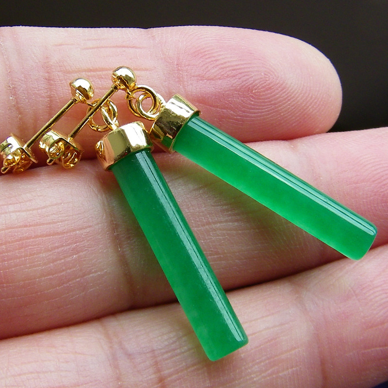 925银天然玉石镀黄金耳钉圆柱形耳坠绿色碧玉耳环女款电镀18k耳丁