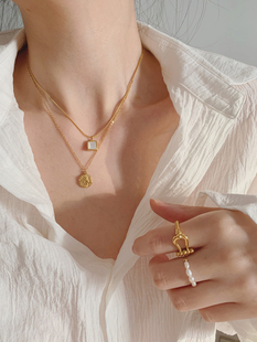 上新85折 混搭组方形白海贝项链18k包金极简约叠戴小钱币锁骨链