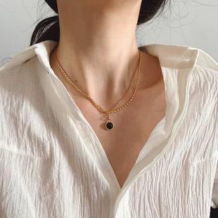 上新85折 气质轻奢锁骨链包18k金保色 天然黑玛瑙双层米珠项链法式