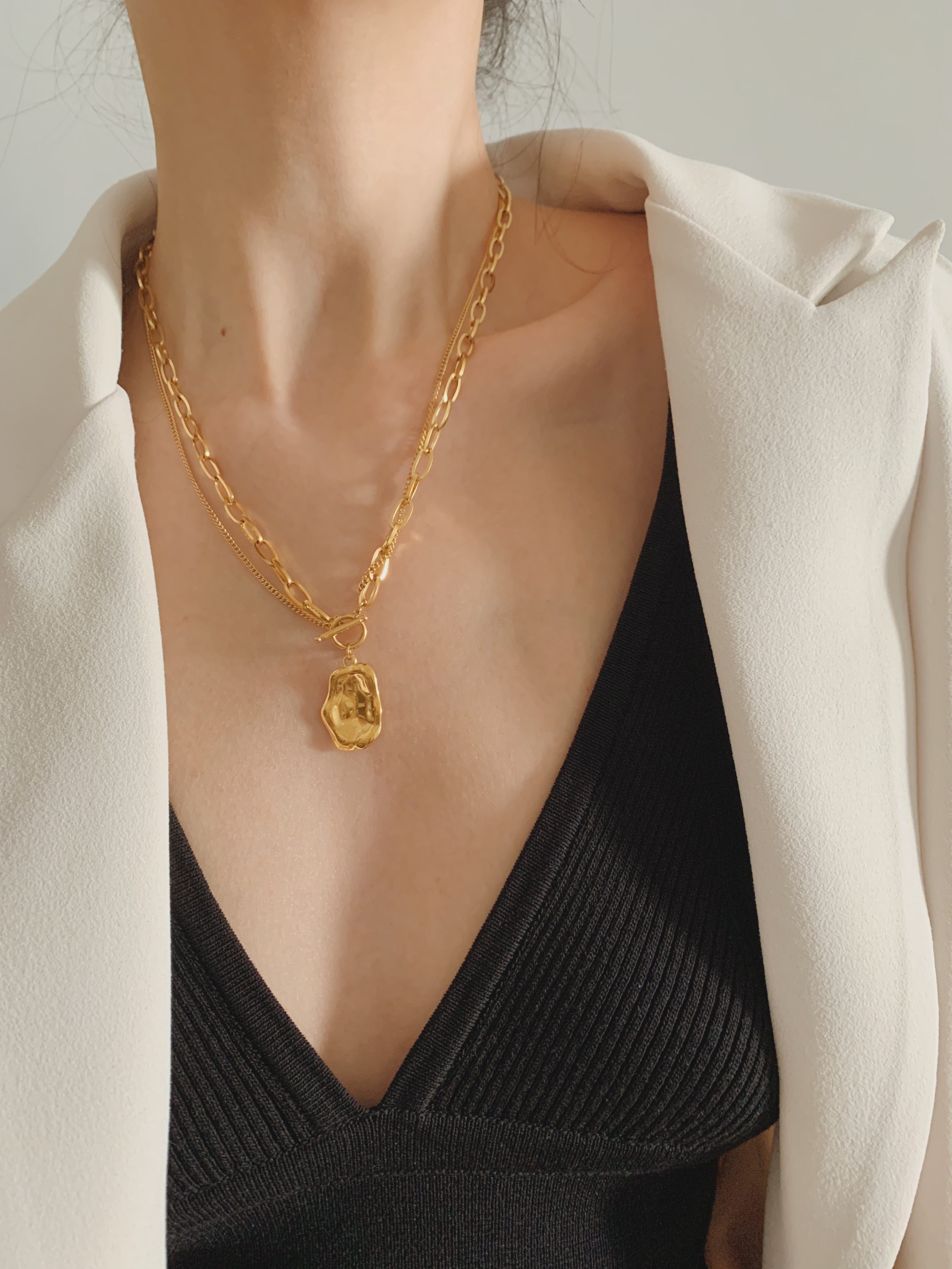 noble lady高级冷淡风扣18k金项链不规则吊坠颈链小众拼接毛衣链