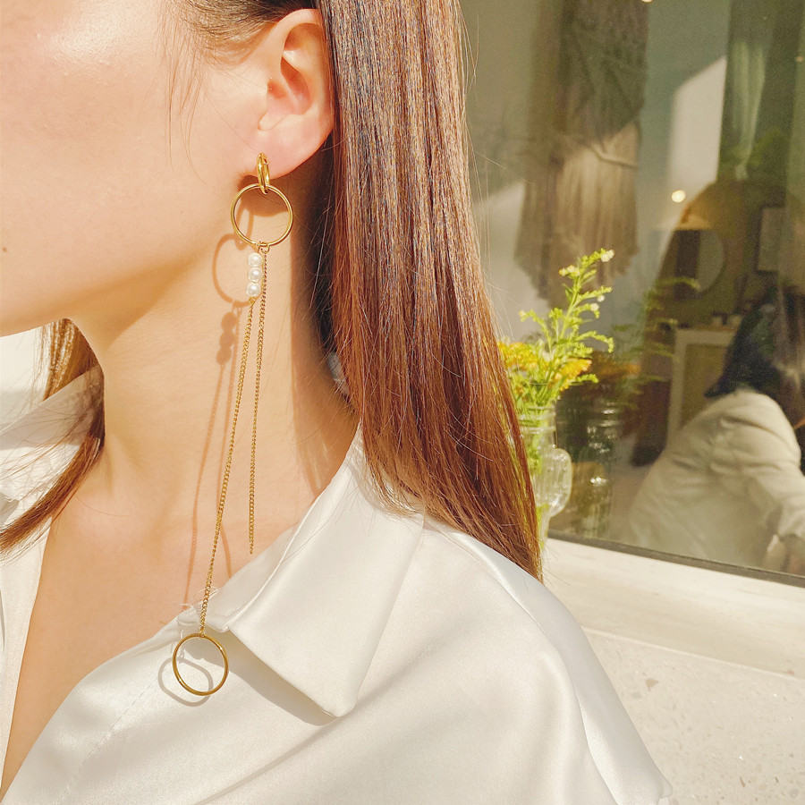 noble lady 潮牌设计 网红同款时髦镀金色圈圈长款流苏耳环防过敏