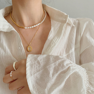 上新85折 轻奢珍珠蛇骨链拼接choker项链设计感猫眼石锁骨链 法式