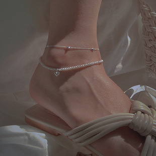 爱心链条脚链女 925纯银法式 高品质 极细天然碎银子珍珠桃心吊坠