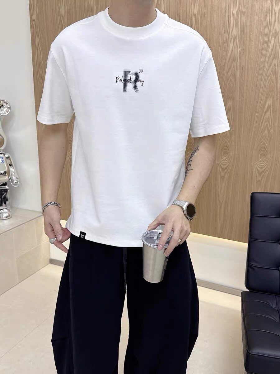2026夏季新款美式复古字母印花开衩短袖T恤男宽松休闲百搭上衣潮
