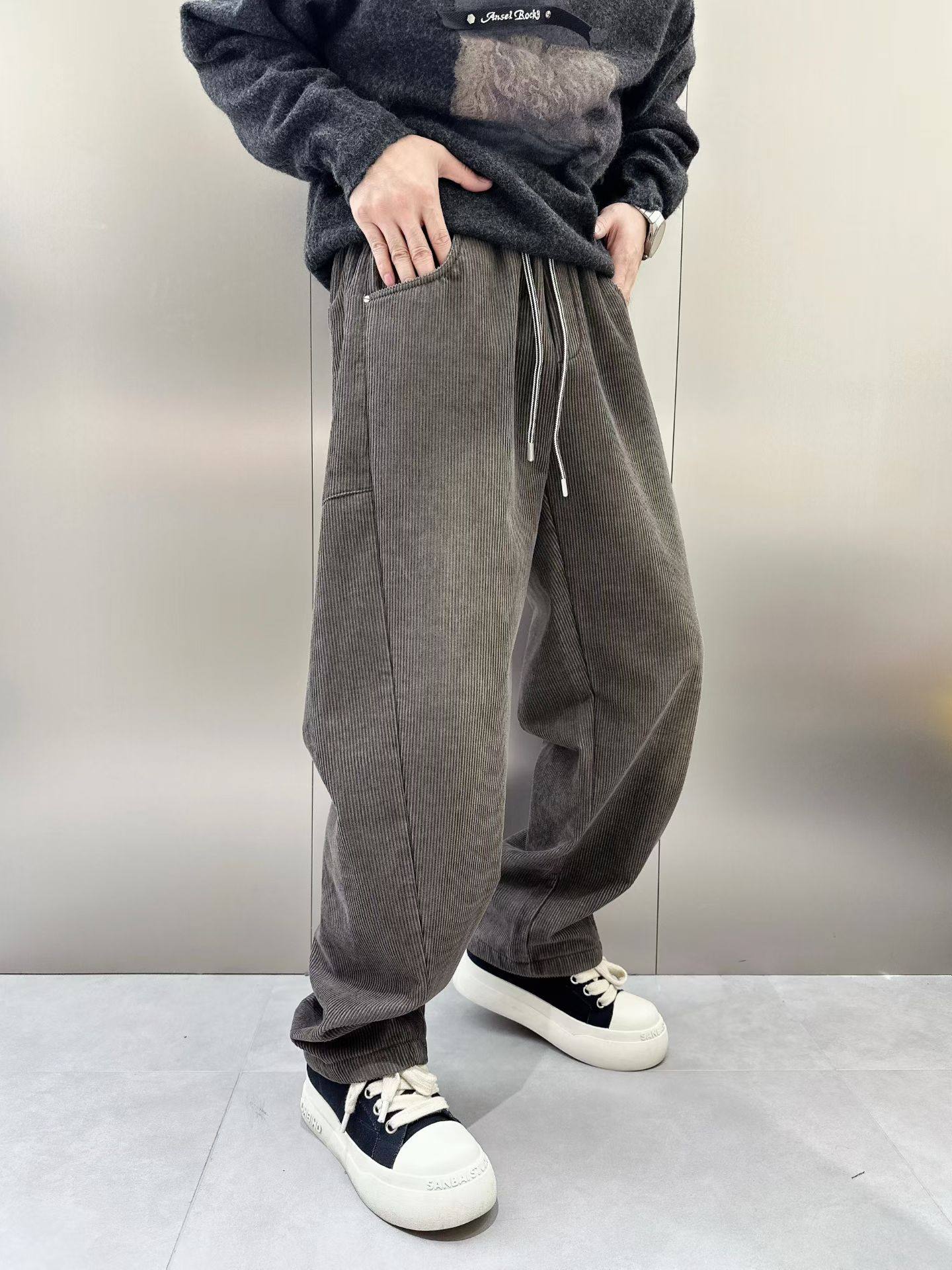 冬季潮牌时尚极简拼接加绒保暖休闲裤男宽松垂感百搭直筒阔腿裤潮,男装,休闲裤,淘宝优惠券,粉丝福利购,淘宝优惠卷